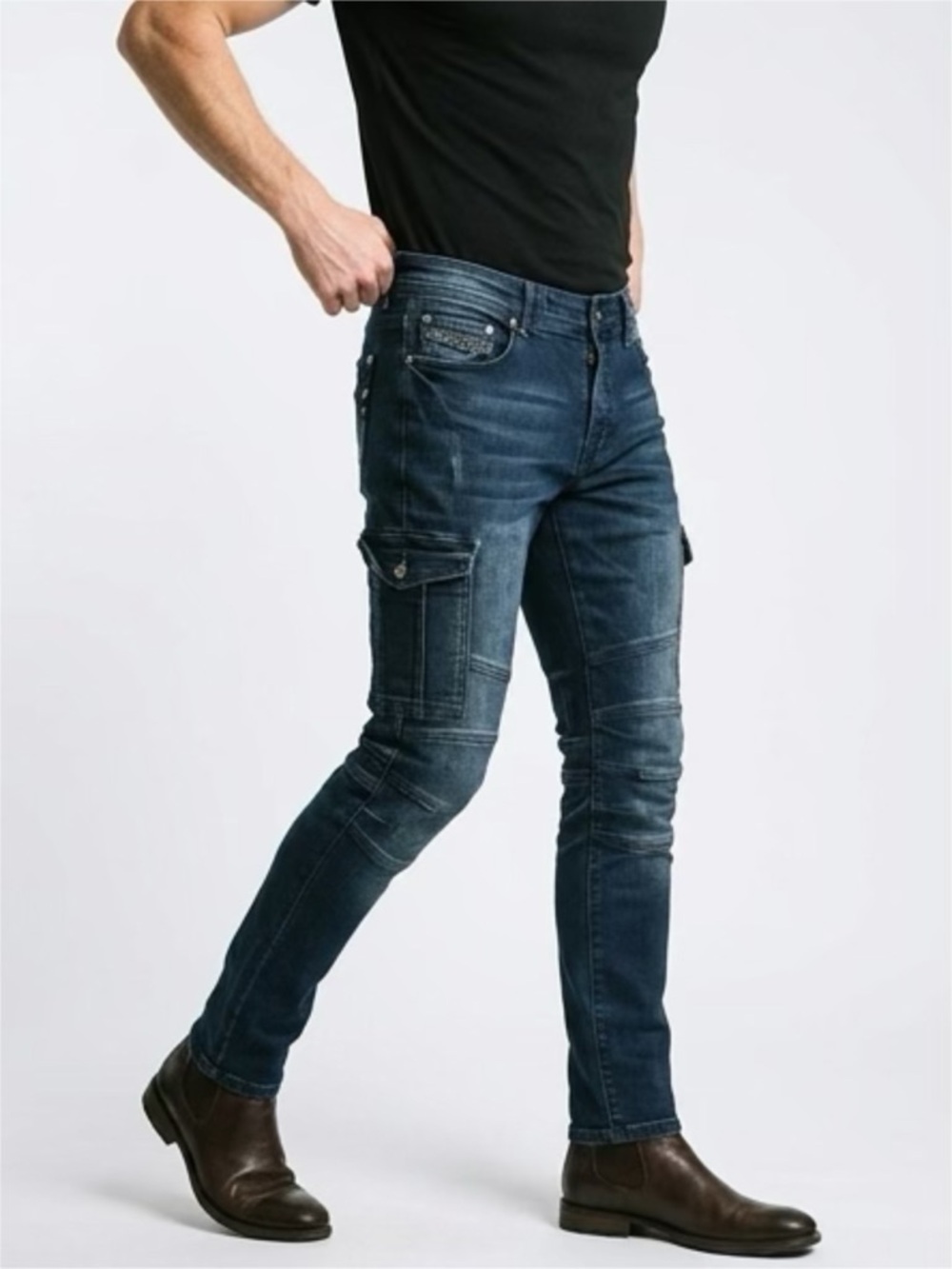 YesStyle Men’s Skinny Cargo Jeans in Dark Blue Wash